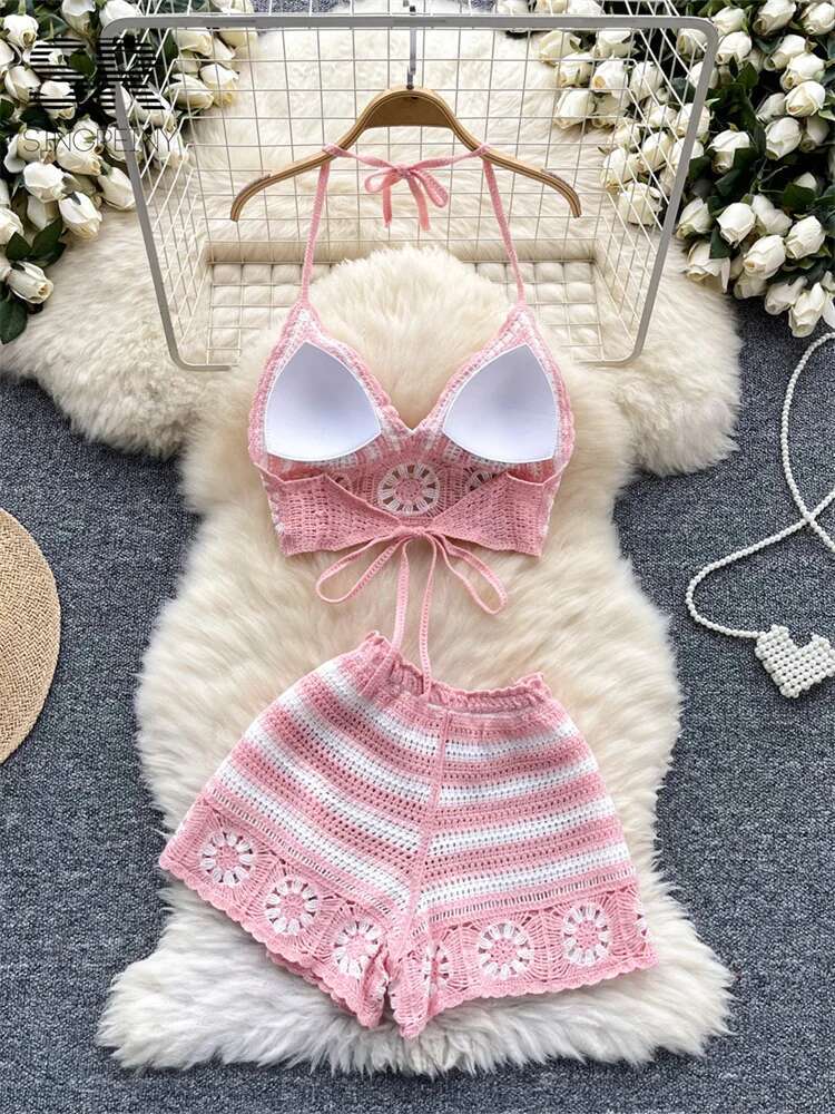 Beach Vacation Knit 2pcs Suits - đánh giá và giá Cami Top Lace