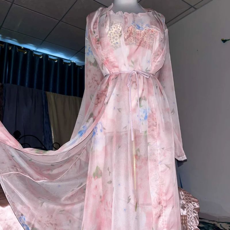 Pink Silk Printed See Through  - đánh giá và giá Robe Silk Women